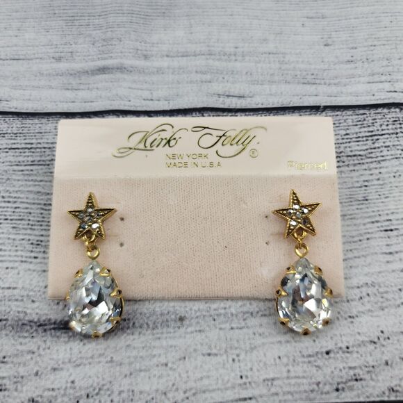 Kirks Folly Earrings Crystal Teardrop w/ Star Gold Toned - Picture 1 of 2